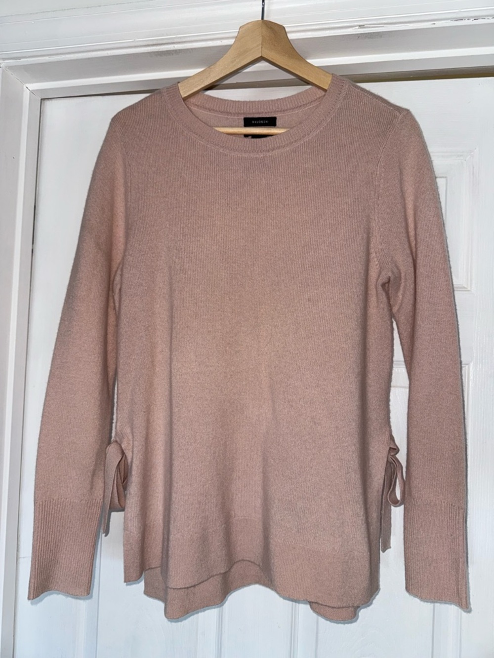 Halogen Cashmere Blush Pink Side-Tie Crewneck Sweater S